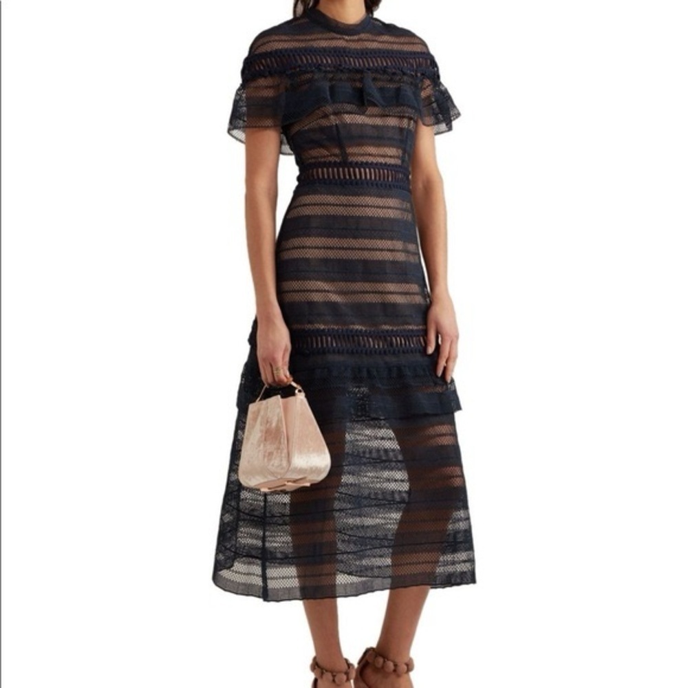 Self-Portrait Women’s Navy Sheer Lace Midi Wedding Guest Dress Size 2
